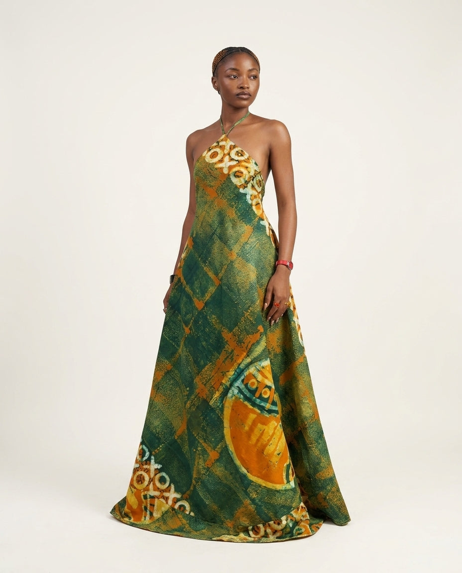 Sage Velvet Resort Abstract Print Maxi Dress Sage Maxi Dress with Relaxed Fit silhouette and Textured texture, clean studio product view for Resort Wear, a polished coastal brunch, US East / Hamptons Elite by Massicos