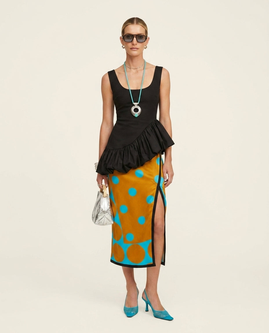 Black Allure Summer Polka Dot Skirt Set Black Skirt Set with Relaxed Fit silhouette and Textured texture, clean studio product view for Vacation Set, a gallery opening in Paris, Euro Chic Premium by Massicos