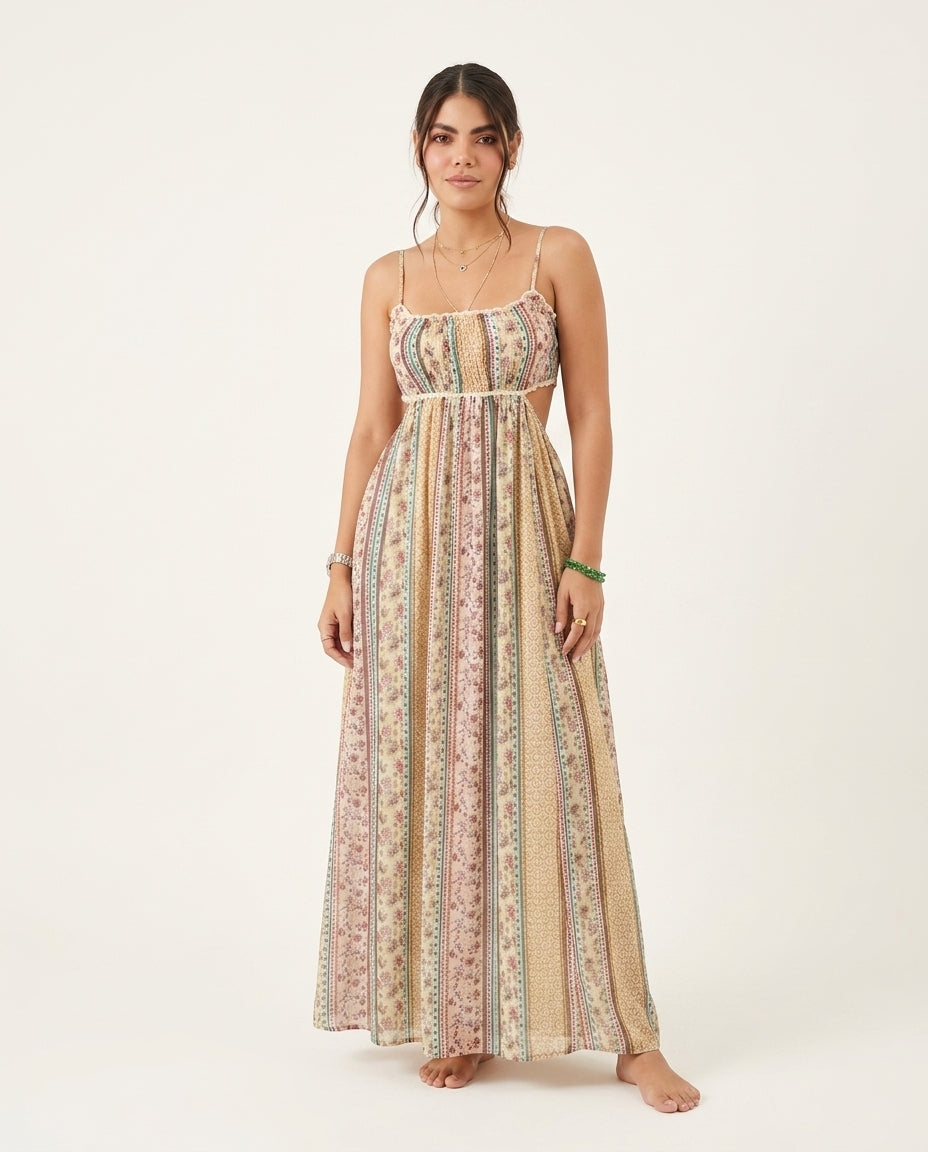 Butter Yellow Allure Resort Floral Maxi Dress Butter Yellow Maxi Dress with Relaxed Fit silhouette and Textured texture, clean studio product view for Resort Wear, Sunset in Malibu, US Coastal Glam by Massicos