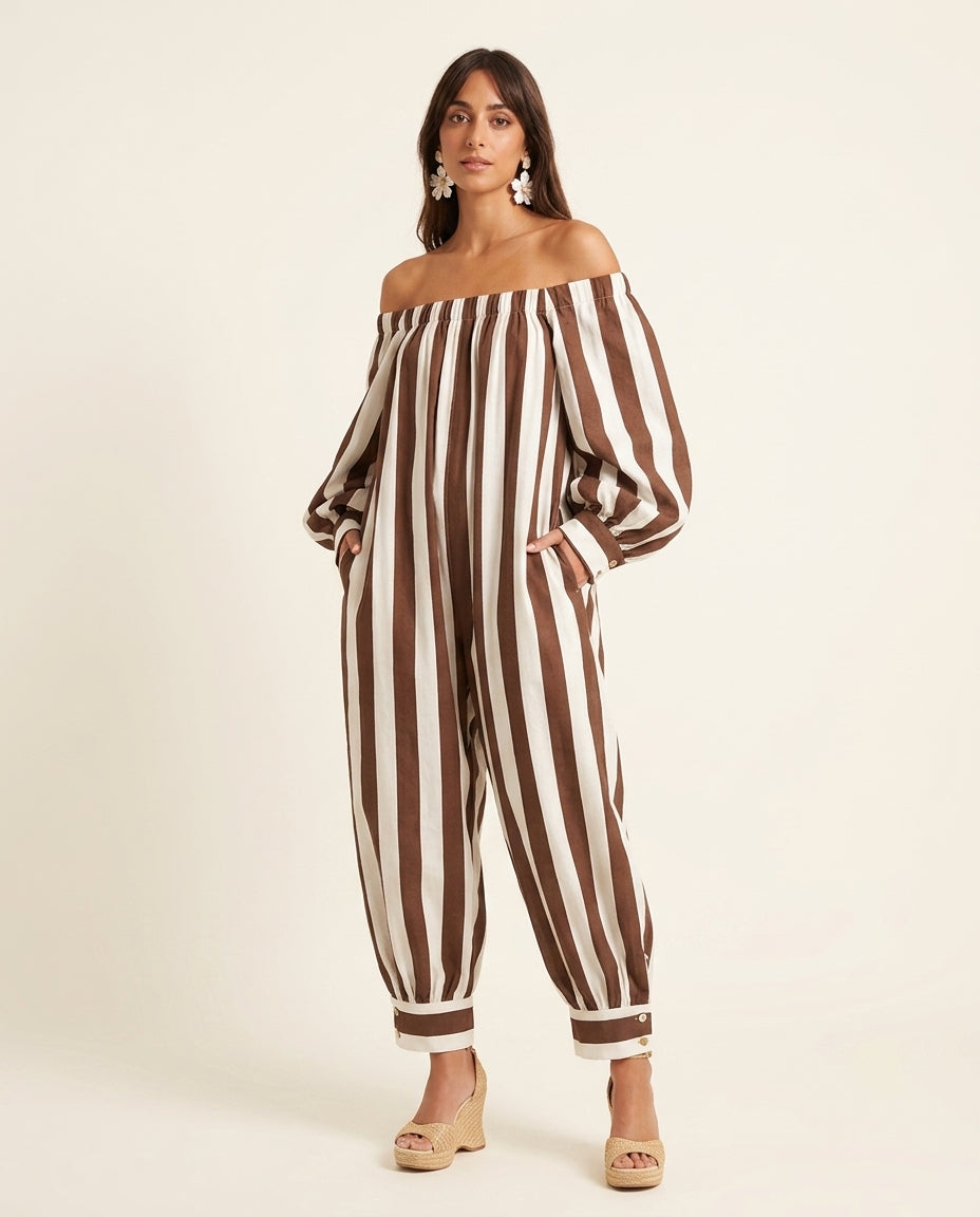 Brown Aura Resort Striped Jumpsuit Brown Jumpsuit with Wide-Leg silhouette and Linen Blend texture, clean studio product view for Resort Wear, a private garden lunch, US East / Hamptons Elite by Massicos