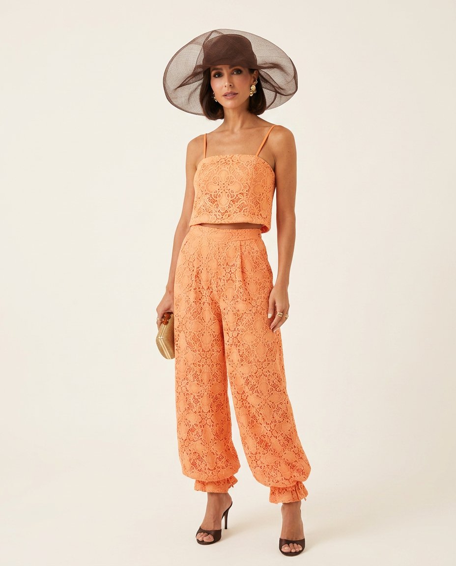 Orange Grace Summer Lace Jacket Orange Jacket with Wide-Leg silhouette and Textured texture, clean studio product view for Business Casual, Evening in Amalfi, Euro Chic Premium by Massicos