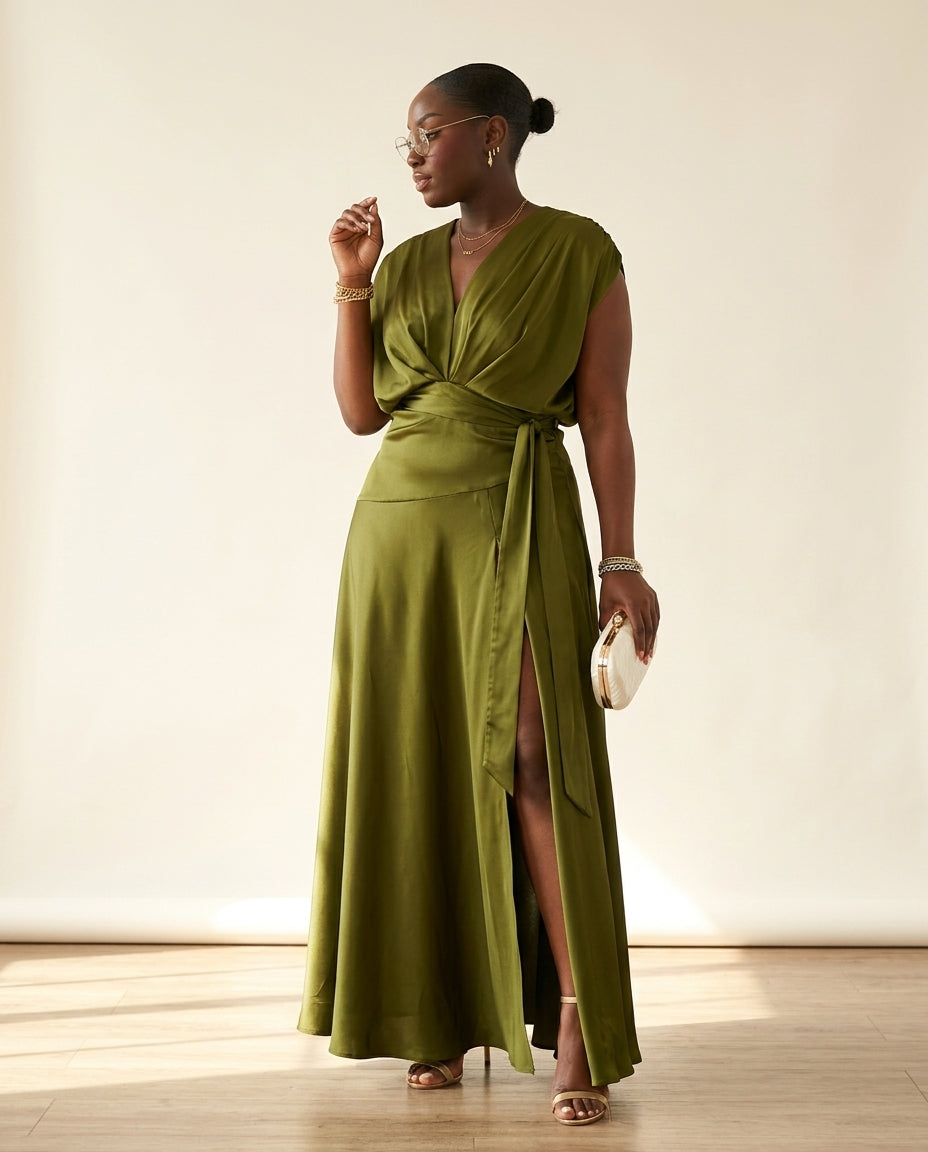 Olive Green Grace Summer Satin Maxi Dress Olive Green Maxi Dress with Asymmetric silhouette and Satin texture, clean studio product view for Resort Dinner, Brunch in SoHo, US Coastal Glam by Massicos