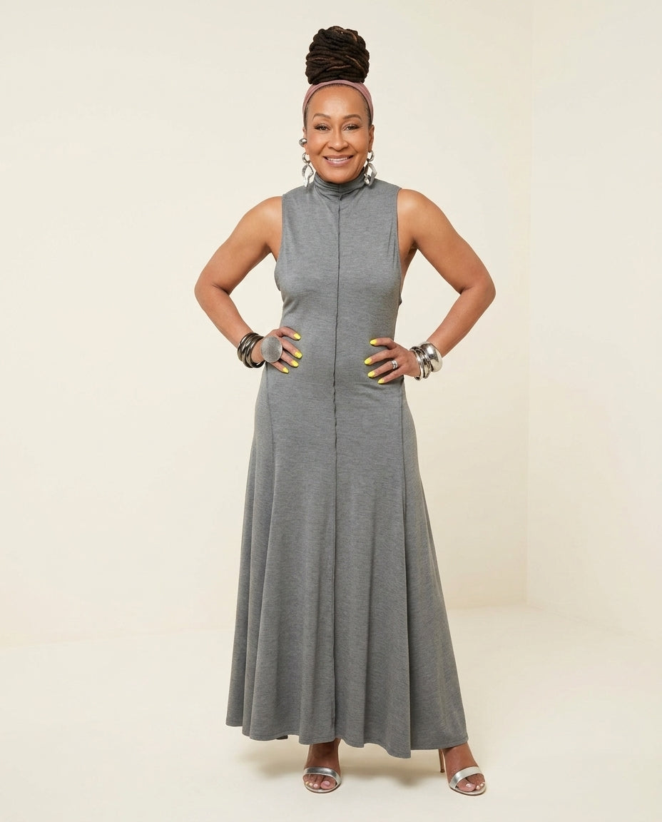 Grey Muse Summer Maxi Dress Grey Maxi Dress with Asymmetric silhouette and Ribbed Knit texture, clean studio product view for Vacation Evening, a Palm Springs weekend, US Coastal Glam by Massicos