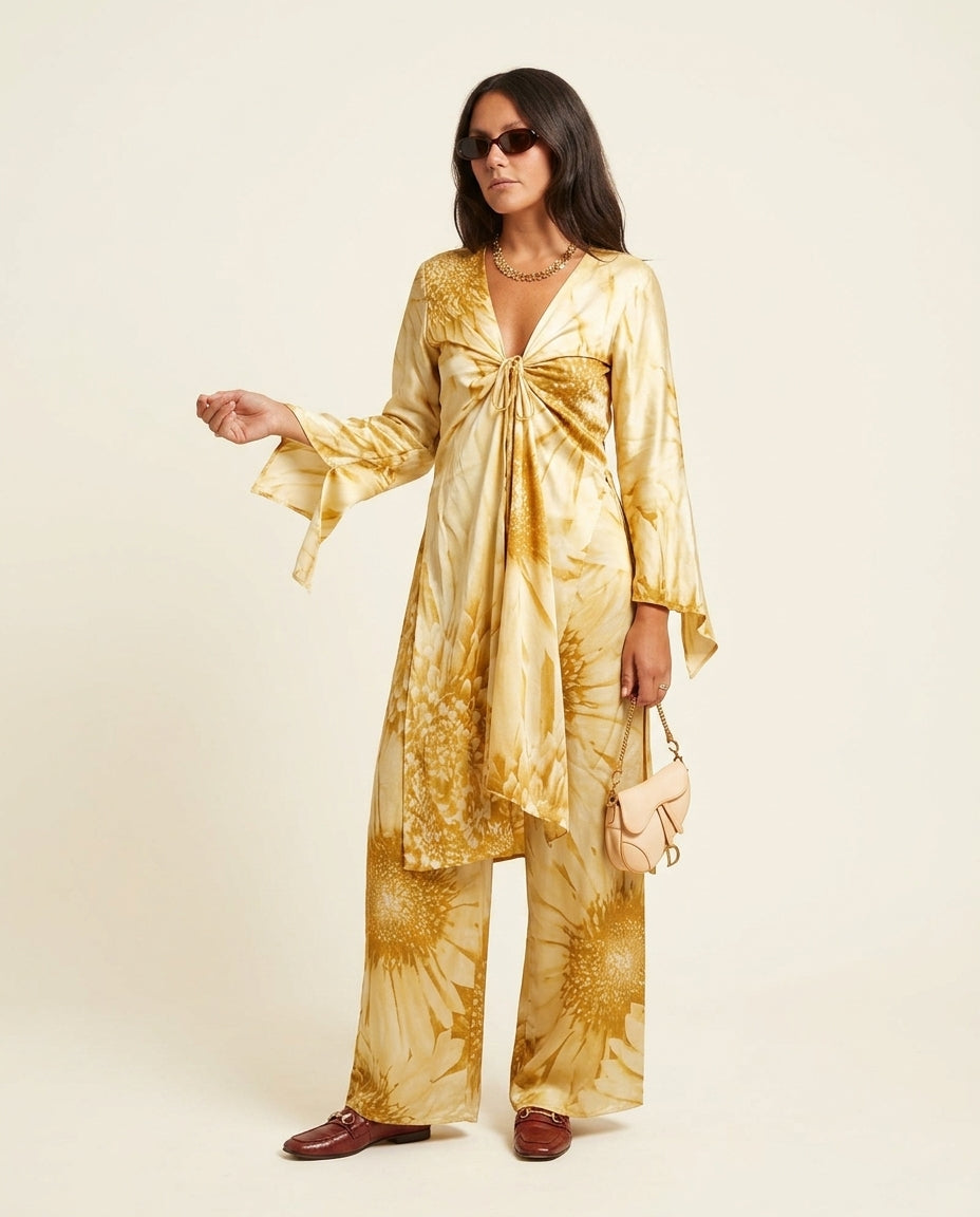 Light Yellow Charm Resort Floral Pant Set Light Yellow Pant Set with Wide-Leg silhouette and Satin texture, clean studio product view for Resort Wear, Evening in Amalfi, Euro Chic Premium by Massicos