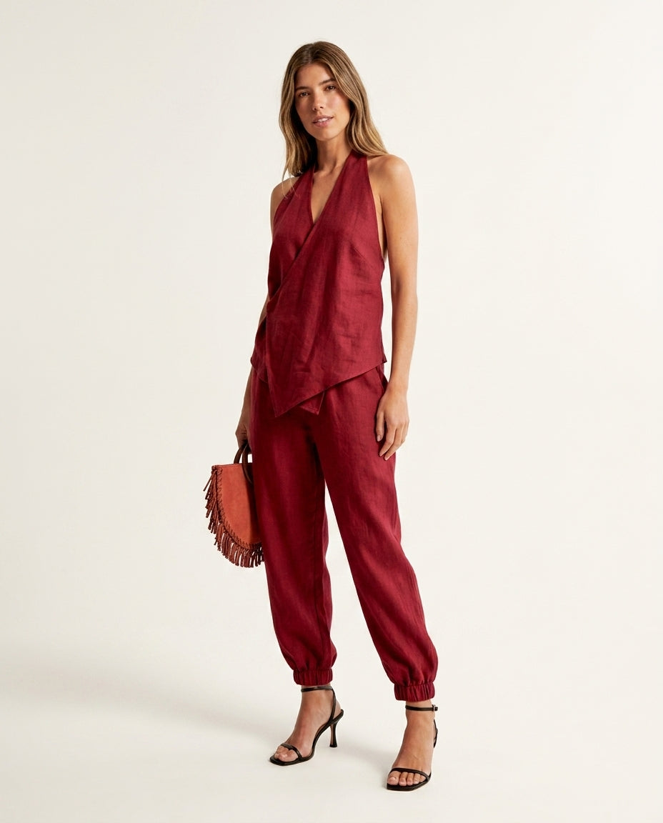 Red Charm Resort Ruffled Pant Set Red Pant Set with Relaxed Fit silhouette and Linen Blend texture, clean studio product view for Resort Wear, a polished coastal brunch, US East / Hamptons Elite by Massicos