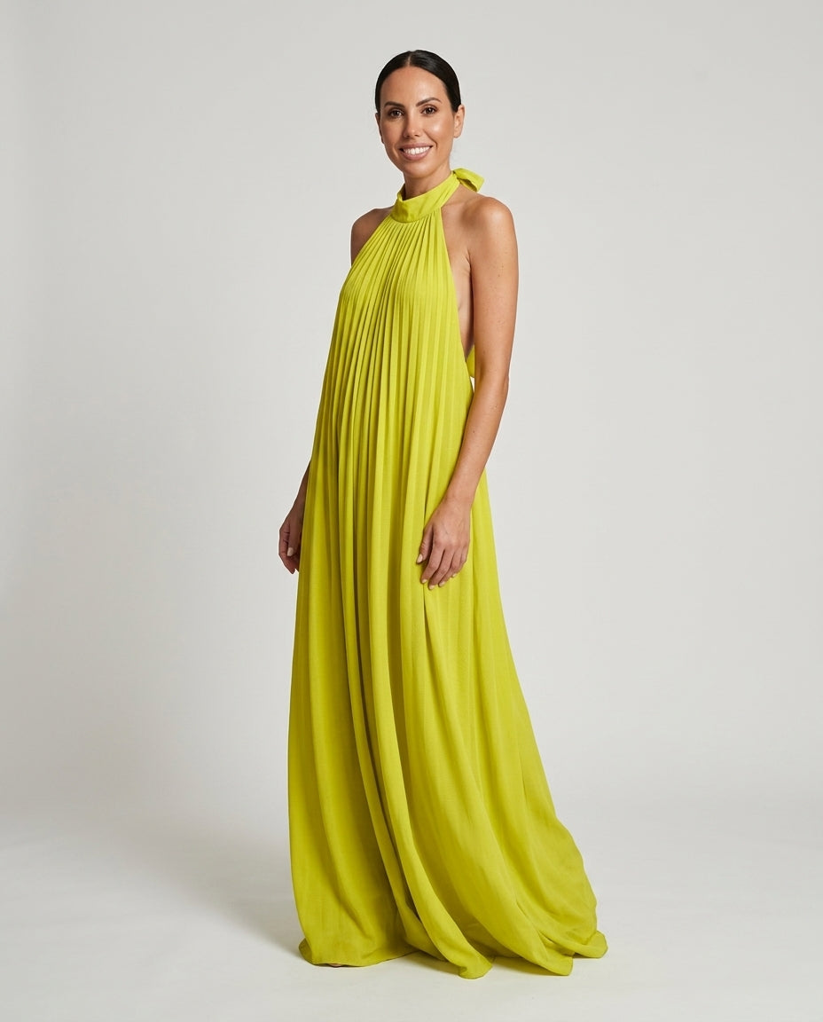 Lime Lustre Resort Printed Maxi Dress Lime Maxi Dress with Asymmetric silhouette and Textured texture, clean studio product view for Resort Wear, a Palm Springs weekend, US Coastal Glam by Massicos