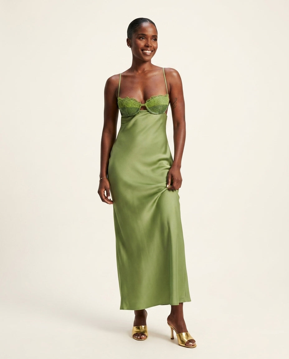Olive Green Whisper Evening Lace Maxi Dress Olive Green Maxi Dress with Relaxed Fit silhouette and Satin texture, clean studio product view for Date Night, a Palm Springs weekend, US Coastal Glam by Massicos