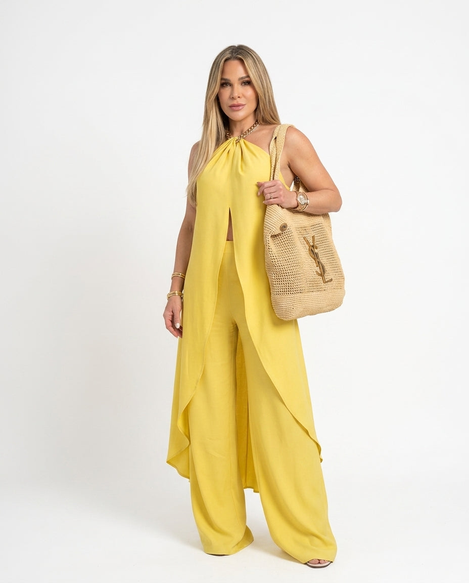 Butter Yellow Muse Resort Linen Pant Set Butter Yellow Pant Set with Asymmetric silhouette and Linen Blend texture, clean studio product view for Resort Wear, a polished coastal brunch, US East / Hamptons Elite by Massicos