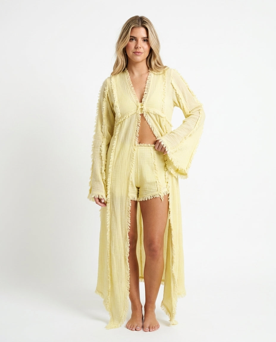 Butter Yellow Bloom Resort V-Neck Jacket Butter Yellow Jacket with Asymmetric silhouette and Textured texture, clean studio product view for Resort Wear, a polished coastal brunch, US East / Hamptons Elite by Massicos