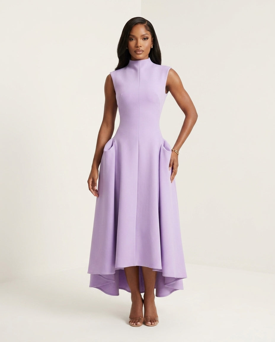 Lavender Gleam Summer Maxi Dress Lavender Maxi Dress with Asymmetric silhouette and Ribbed Knit texture, clean studio product view for Resort Dinner, Evening in Amalfi, Euro Chic Premium by Massicos