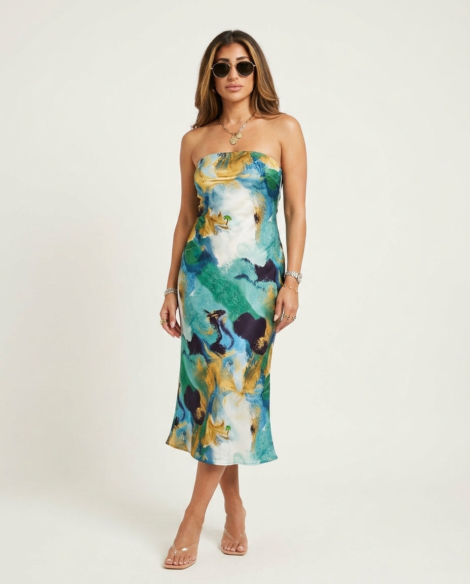 Sage Bloom Resort Abstract Print Romper Sage Romper with Relaxed Fit silhouette and Satin texture, clean studio product view for Resort Wear, a polished coastal brunch, US East / Hamptons Elite by Massicos
