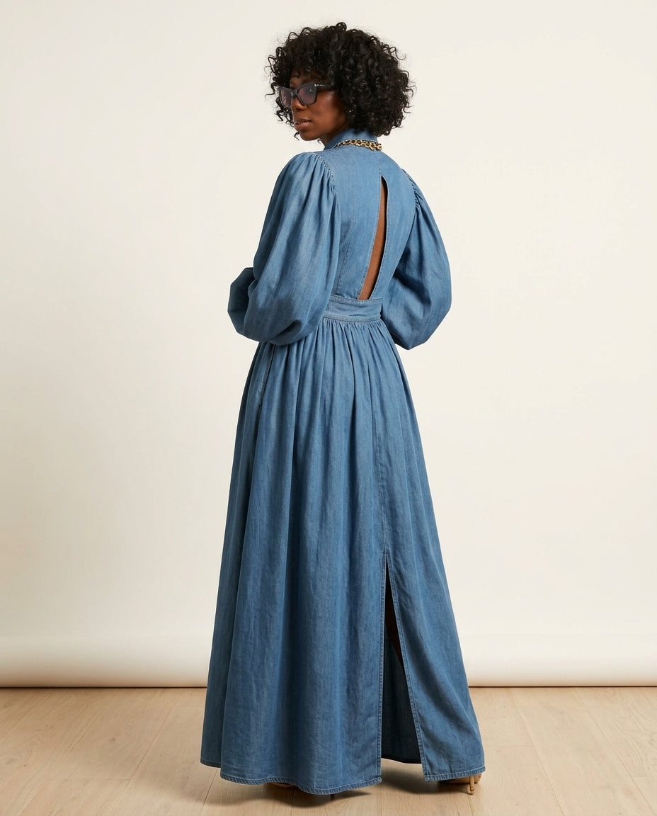 Denim Velvet Summer Maxi Dress Denim Maxi Dress with Relaxed Fit silhouette and Textured texture, clean studio product view for Rooftop Brunch, Sunset in Malibu, US Coastal Glam by Massicos