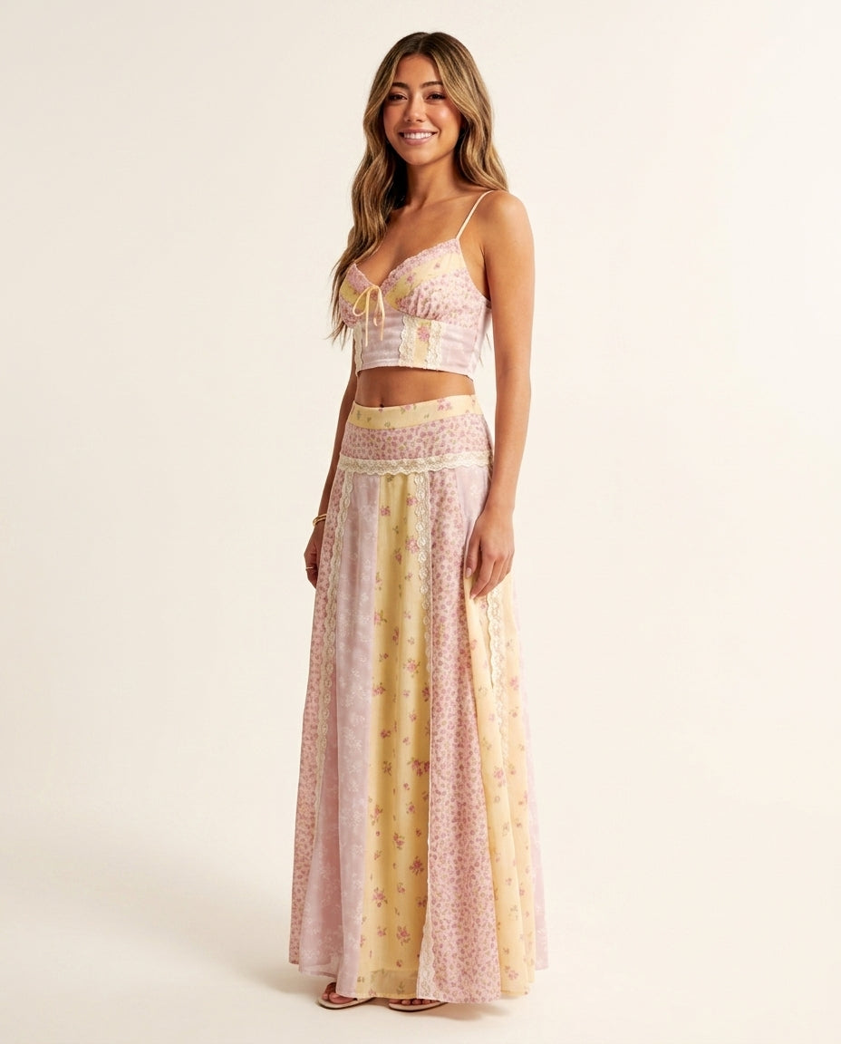 Pink Aura Resort Lace Skirt Set Pink Skirt Set with Asymmetric silhouette and Textured texture, clean studio product view for Resort Wear, Brunch in SoHo, US Coastal Glam by Massicos
