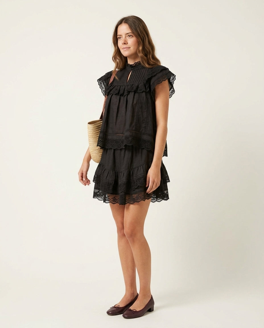 Black Reverie Resort Eyelet Skirt Set Black Skirt Set with Asymmetric silhouette and Textured texture, clean studio product view for Resort Wear, Weekend in The Hamptons, US East / Hamptons Elite by Massicos