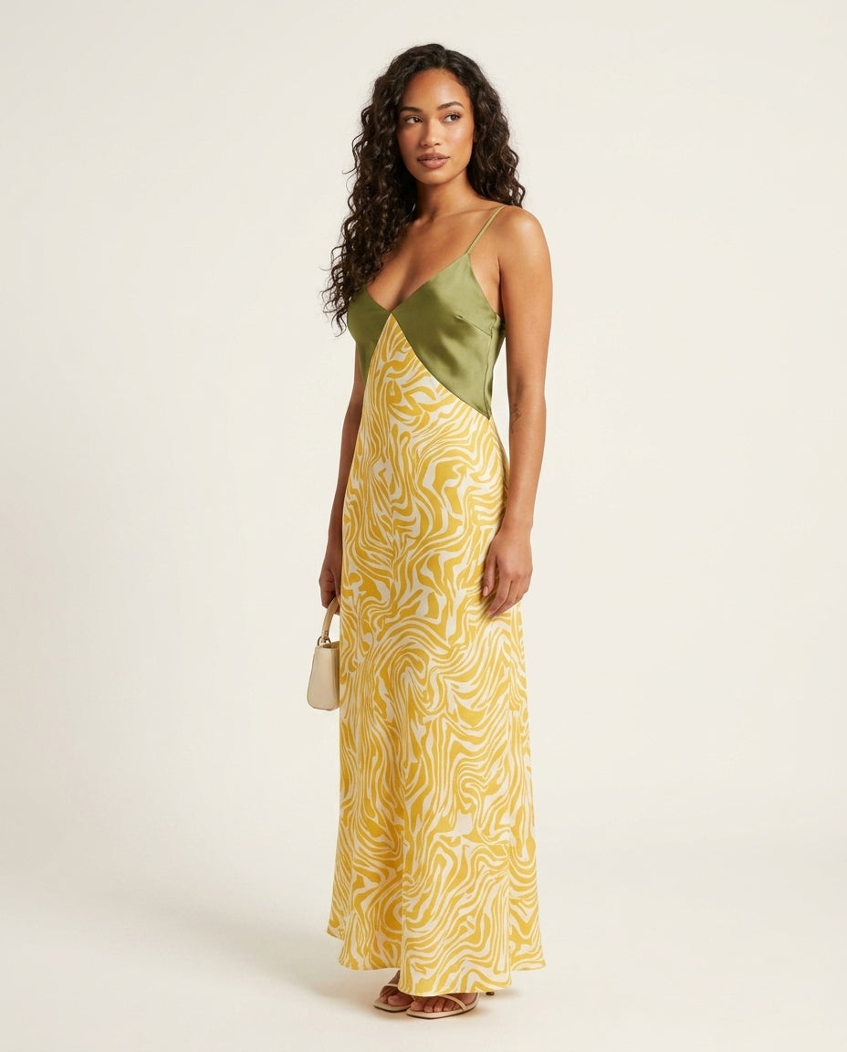 Butter Yellow Glow Summer Printed Maxi Dress Butter Yellow Maxi Dress with Asymmetric silhouette and Textured texture, clean studio product view for Wedding Guest, Brunch in SoHo, US Coastal Glam by Massicos