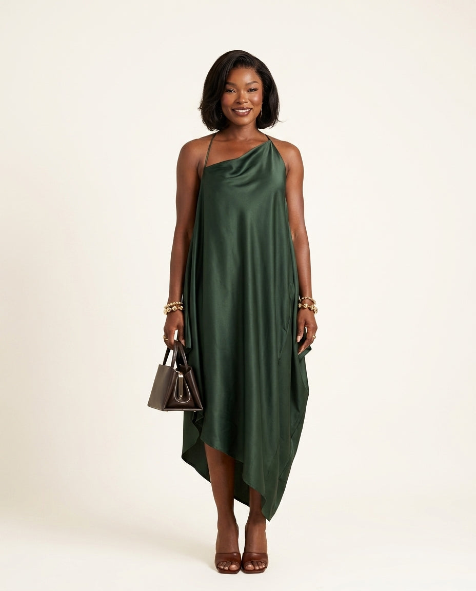 Dark Green Velvet Resort Satin Maxi Dress Dark Green Maxi Dress with Asymmetric silhouette and Satin texture, clean studio product view for Resort Wear, a gallery opening in Paris, Euro Chic Premium by Massicos