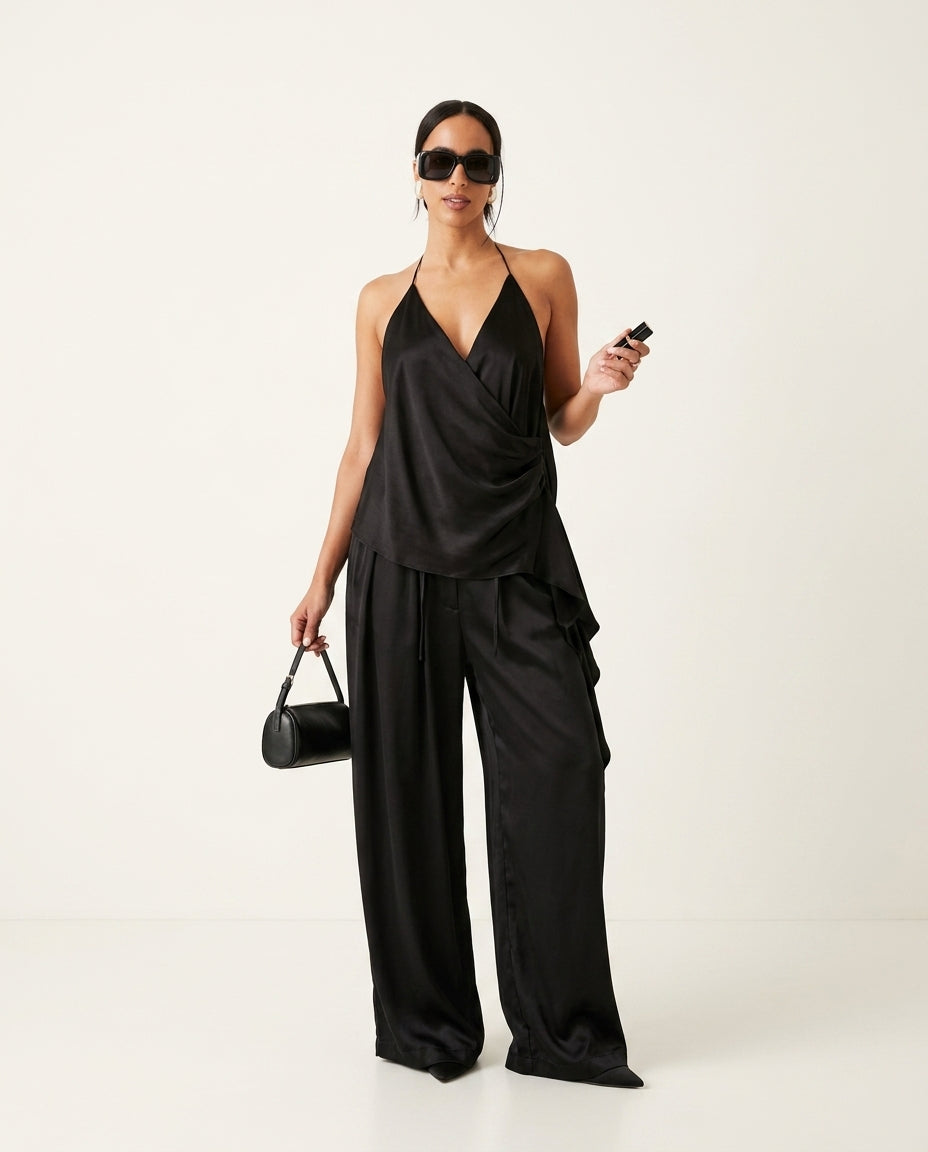 Black Velvet Evening Satin Pant Set Black Pant Set with Asymmetric silhouette and Satin texture, clean studio product view for Resort Wear, Brunch in SoHo, US Coastal Glam by Massicos