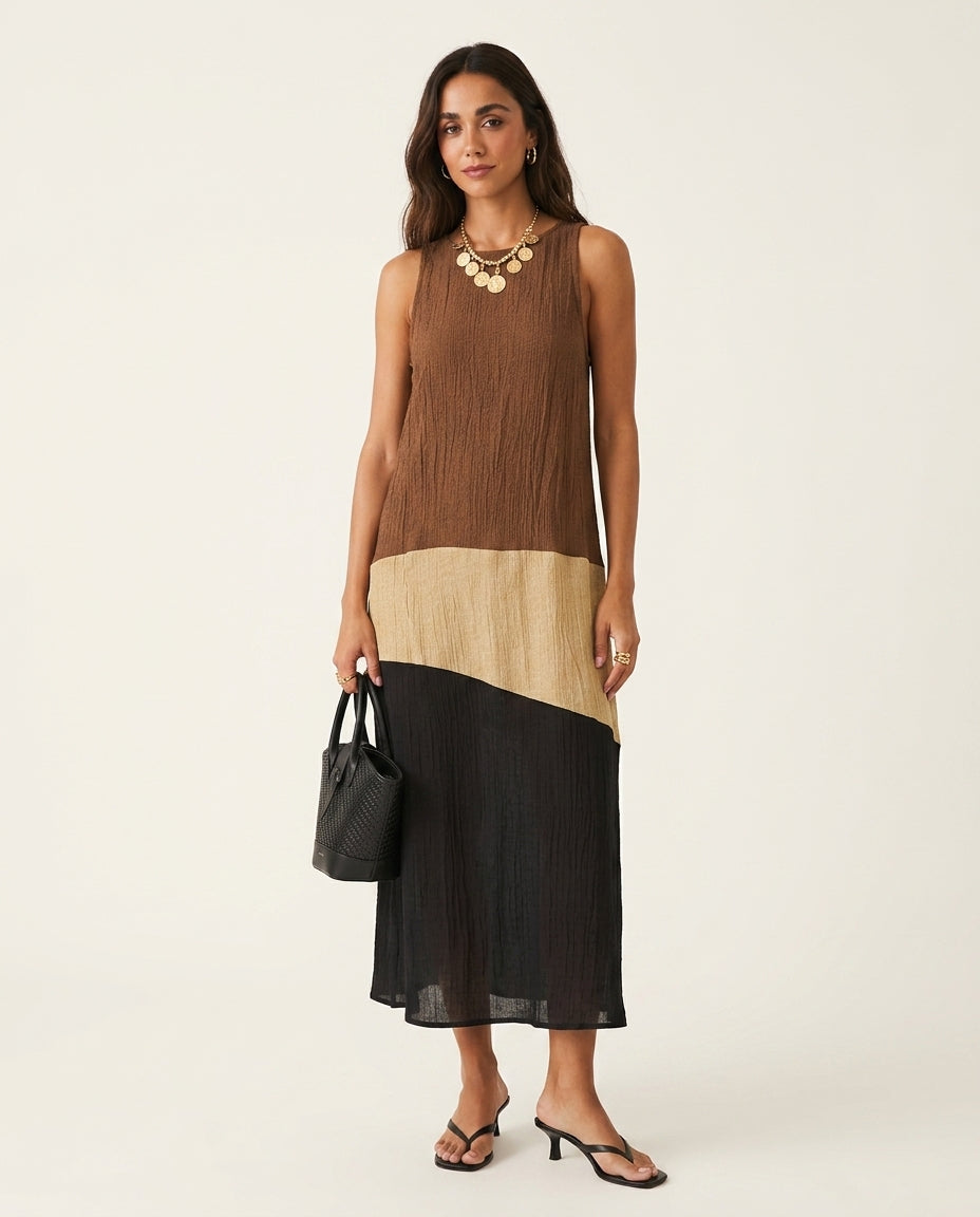 Brown Charm Resort Textured Maxi Dress Brown Maxi Dress with Asymmetric silhouette and Textured texture, clean studio product view for Resort Wear, an estate dinner at golden hour, US East / Hamptons Elite by Massicos