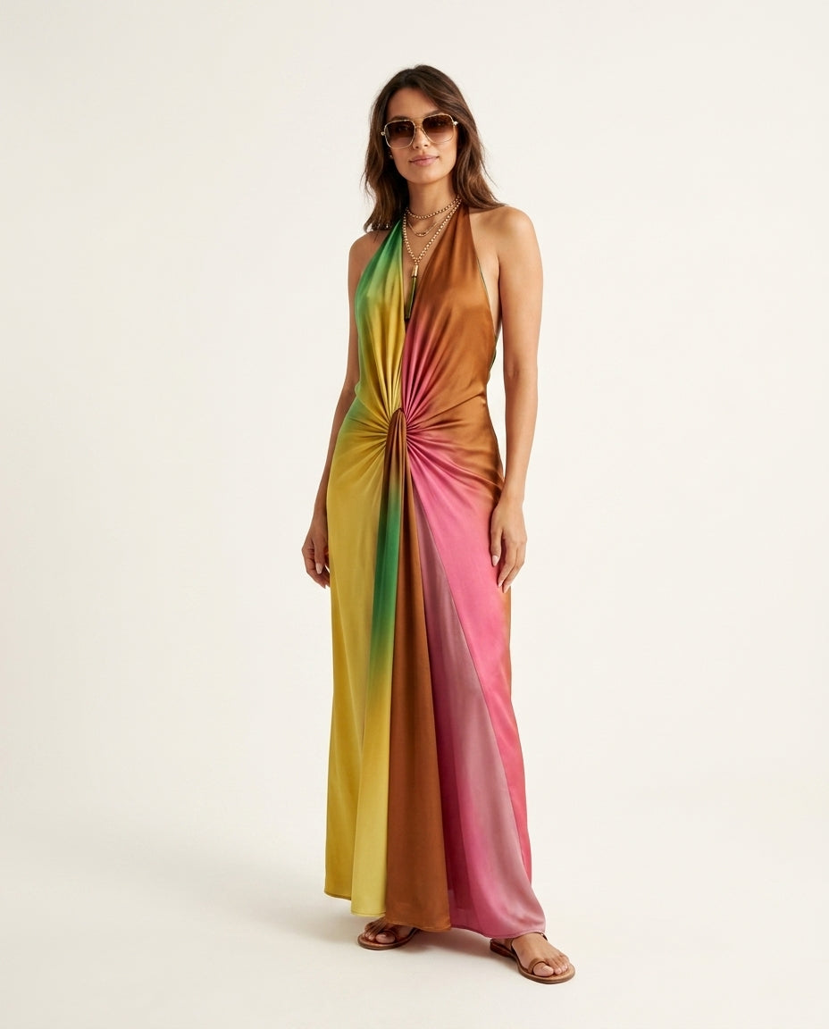 Pink Velvet Summer Halter Maxi Dress Pink Maxi Dress with Relaxed Fit silhouette and Textured texture, clean studio product view for Resort Dinner, Sunset in Malibu, US Coastal Glam by Massicos