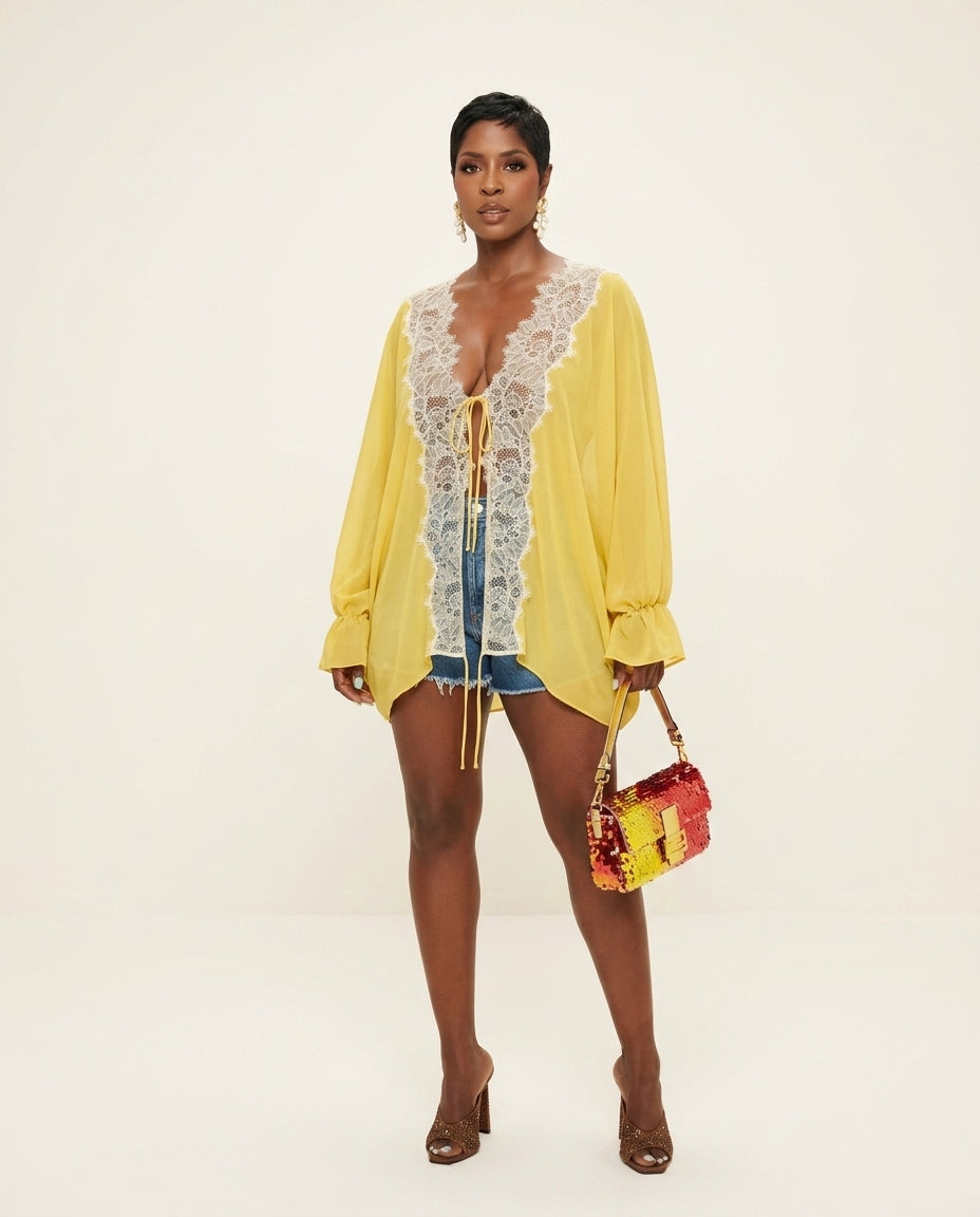 Butter Yellow Reverie Resort Lace Jacket Butter Yellow Jacket with Asymmetric silhouette and Textured texture, clean studio product view for Resort Wear, a London dinner reservation, Euro Chic Premium by Massicos