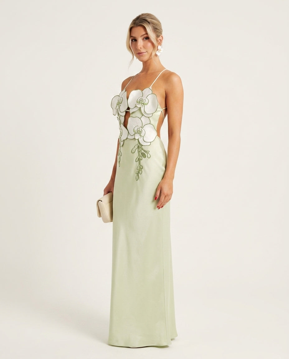 Light Green Allure Evening Floral Maxi Dress Light Green Maxi Dress with Relaxed Fit silhouette and Textured texture, clean studio product view for Date Night, a rooftop dinner in LA, US Coastal Glam by Massicos