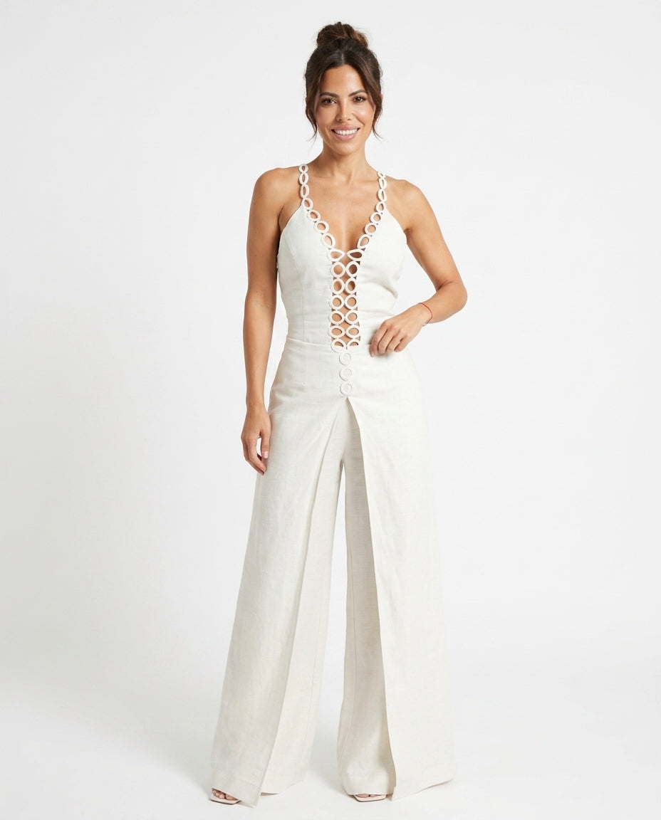 Ivory Allure Summer Jumpsuit Ivory Jumpsuit with Wide-Leg silhouette and Textured texture, clean studio product view for Resort Styling, Coffee in Marais, Euro Chic Premium by Massicos