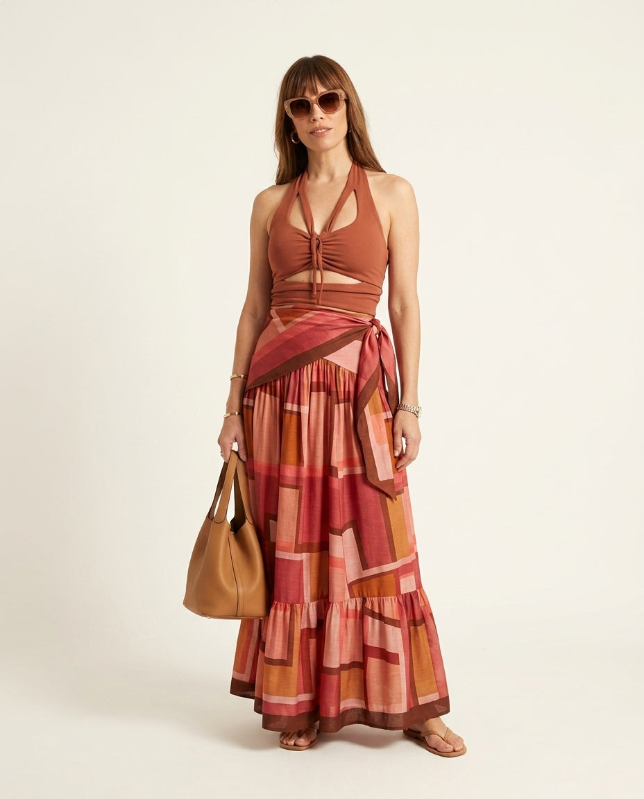 Rust Bloom Resort Abstract Print Skirt Set Rust Skirt Set with Relaxed Fit silhouette and Textured texture, clean studio product view for Resort Wear, a Palm Springs weekend, US Coastal Glam by Massicos