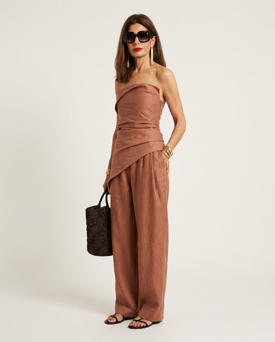 Terracotta Whisper Resort Linen Pant Set Terracotta Pant Set with Asymmetric silhouette and Linen Blend texture, clean studio product view for Resort Wear, Coffee in Marais, Euro Chic Premium by Massicos