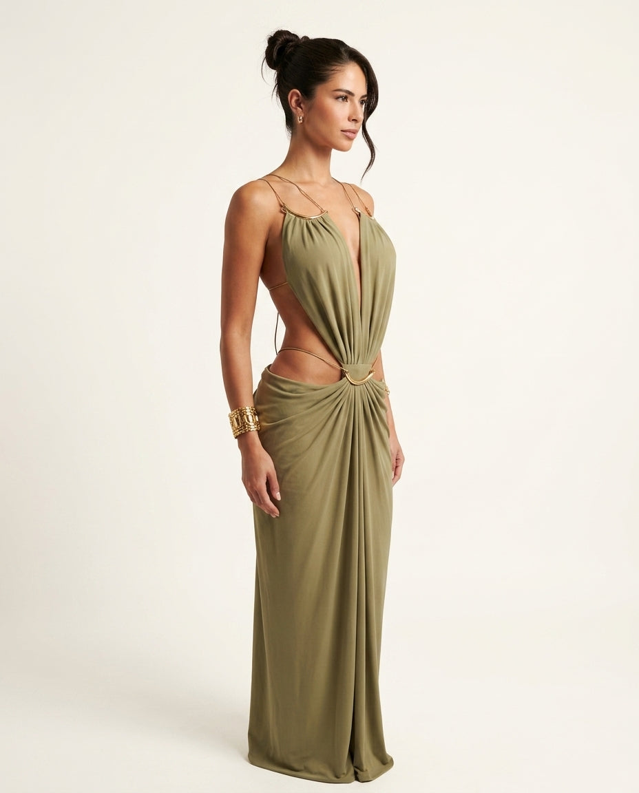 Olive Muse Evening Maxi Dress Olive Maxi Dress with Asymmetric silhouette and Textured texture, clean studio product view for Date Night, a private garden lunch, US East / Hamptons Elite by Massicos