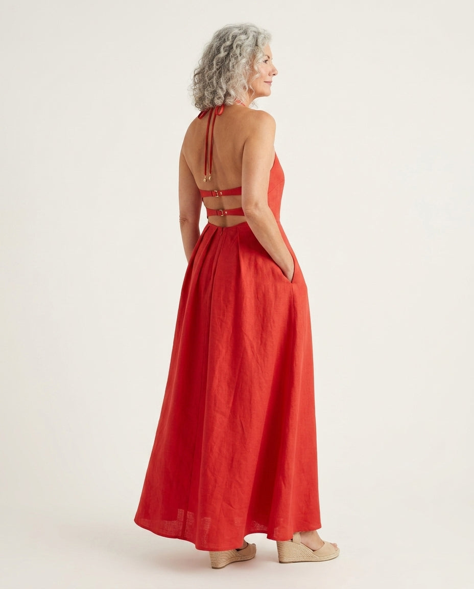 Red Velvet Resort Linen Maxi Dress Red Maxi Dress with Relaxed Fit silhouette and Linen Blend texture, clean studio product view for Resort Wear, Sunset in Malibu, US Coastal Glam by Massicos