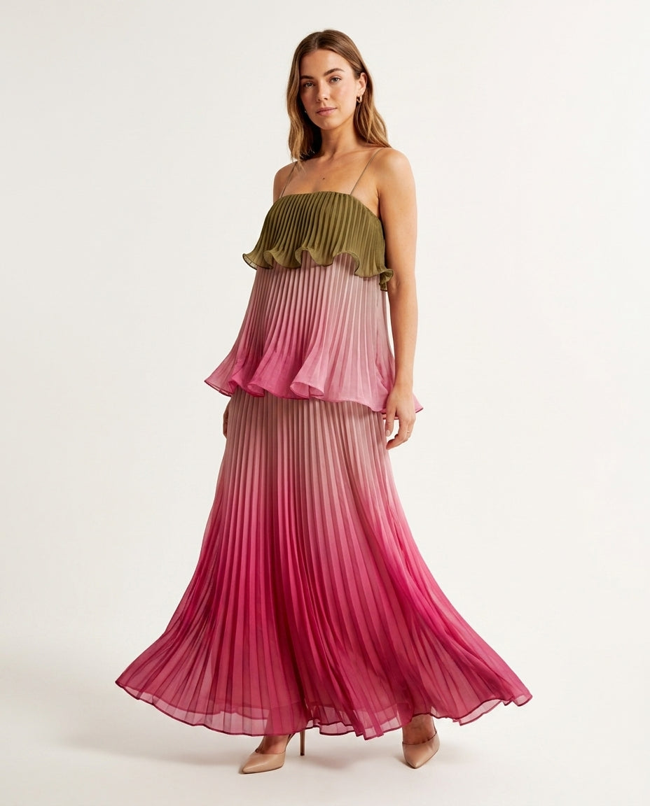 Pink Solace Summer Pleated Maxi Dress Pink Maxi Dress with Relaxed Fit silhouette and Textured texture, clean studio product view for Garden Party, a polished coastal brunch, US East / Hamptons Elite by Massicos