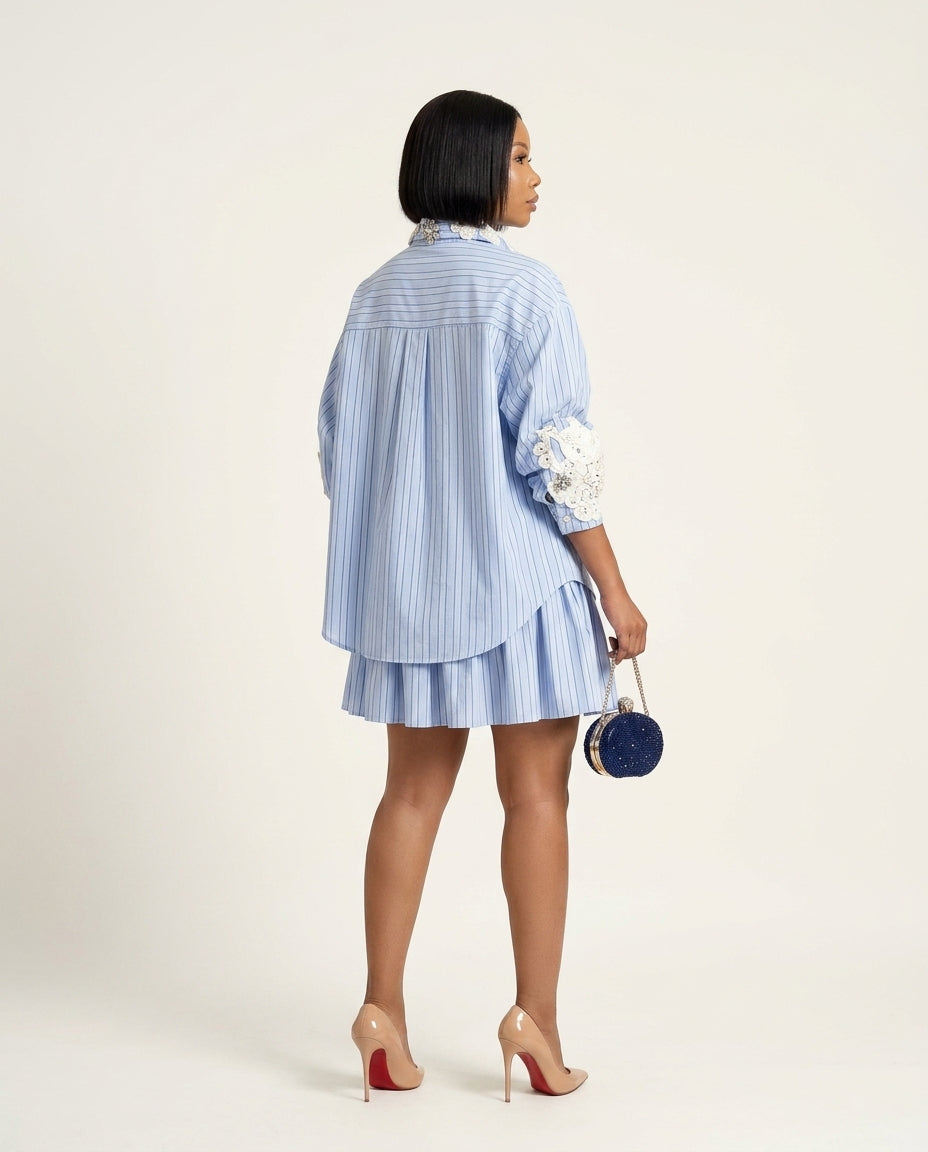 Light Blue Whisper Resort Embroidered Skirt Set Light Blue Skirt Set with Asymmetric silhouette and Textured texture, clean studio product view for Resort Wear, a gallery opening in Paris, Euro Chic Premium by Massicos