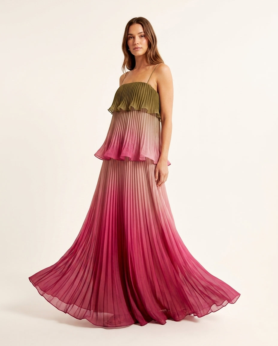 Pink Lustre Resort Pleated Maxi Dress Pink Maxi Dress with Asymmetric silhouette and Textured texture, clean studio product view for Resort Wear, a gallery opening in Paris, Euro Chic Premium by Massicos