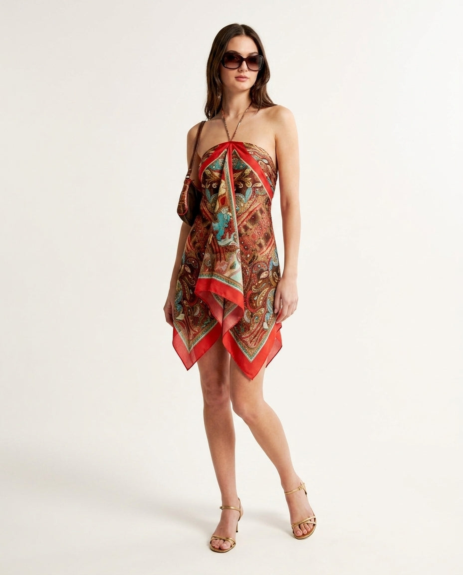 Terracotta Velvet Resort Printed Romper Terracotta Romper with Asymmetric silhouette and Textured texture, clean studio product view for Resort Wear, a London dinner reservation, Euro Chic Premium by Massicos