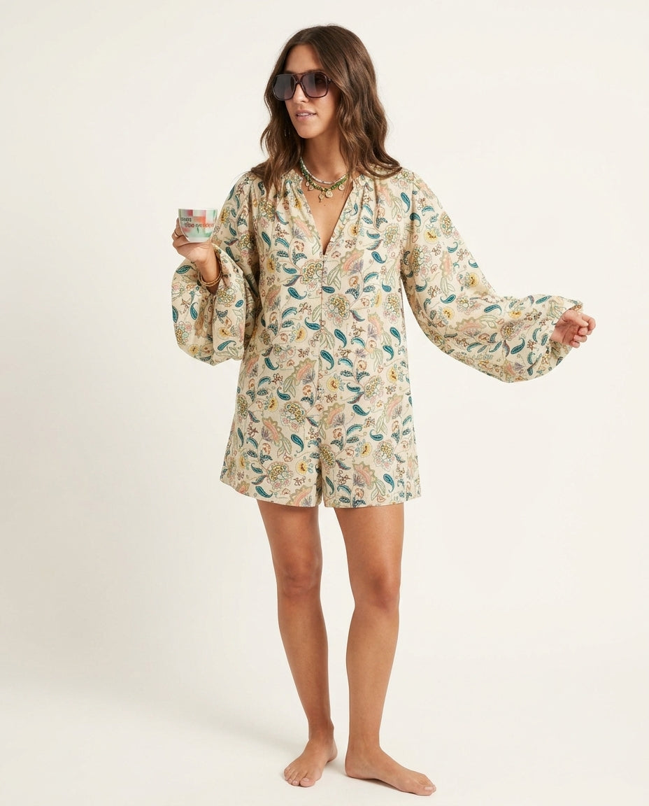 Ivory Lustre Summer Floral Romper Ivory Romper with Asymmetric silhouette and Textured texture, clean studio product view for City Evening, a rooftop dinner in LA, US Coastal Glam by Massicos
