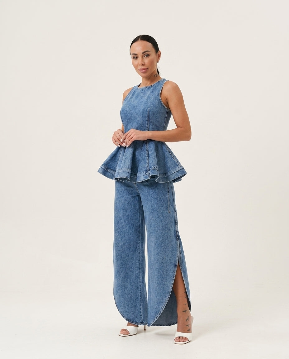 Denim Blue Bloom Summer Denim Pant Set Denim Blue Pant Set with Asymmetric silhouette and Textured texture, clean studio product view for Weekend Escape, Brunch in SoHo, US Coastal Glam by Massicos