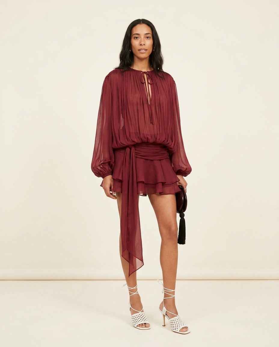 Burgundy Grace Evening Pleated Maxi Dress Burgundy Maxi Dress with Asymmetric silhouette and Textured texture, clean studio product view for Date Night, Sunset in Malibu, US Coastal Glam by Massicos