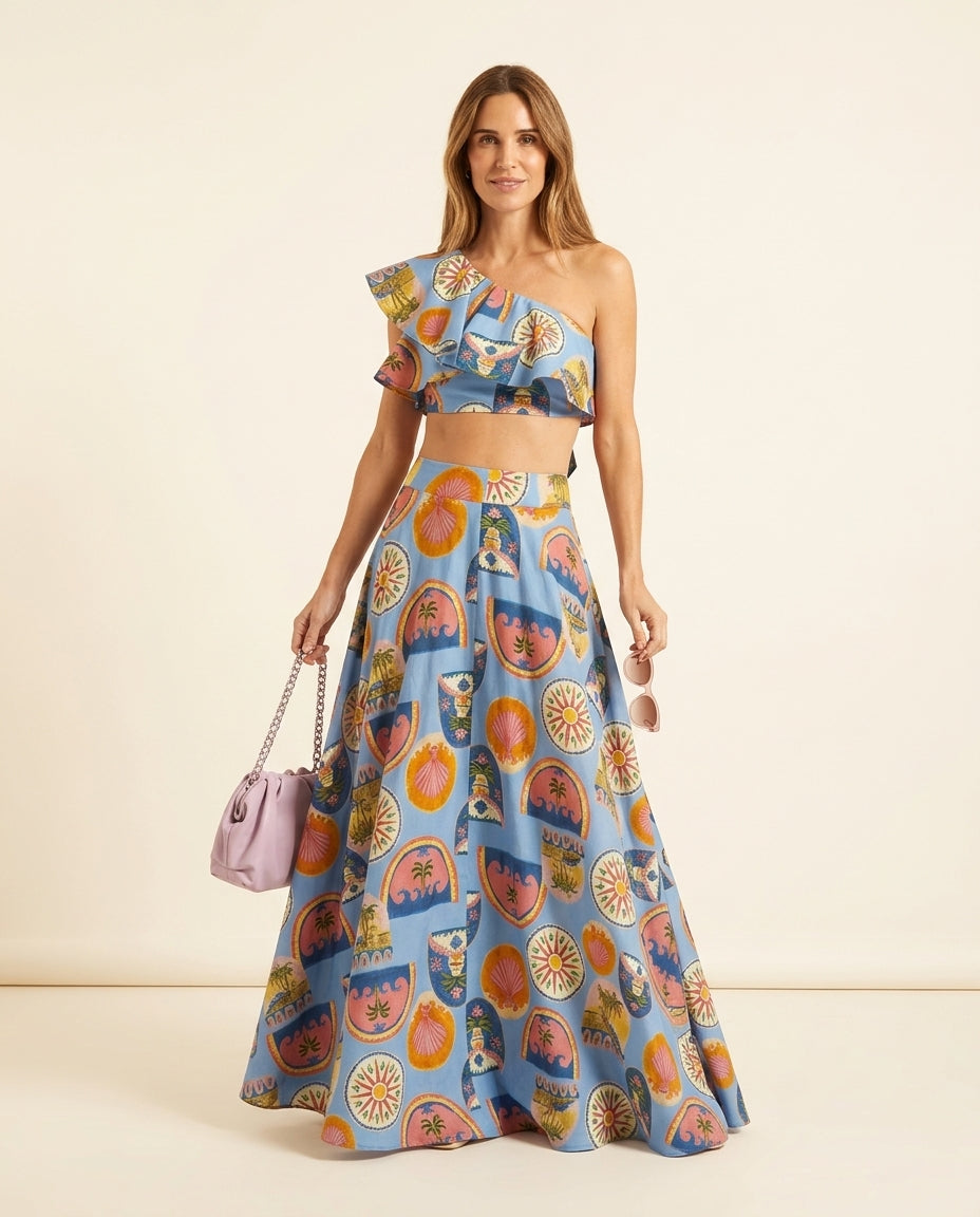 Blue Grace Summer Printed Two-Piece Set Blue Two-Piece Set with Asymmetric silhouette and Textured texture, clean studio product view for Weekend Escape, a rooftop dinner in LA, US Coastal Glam by Massicos