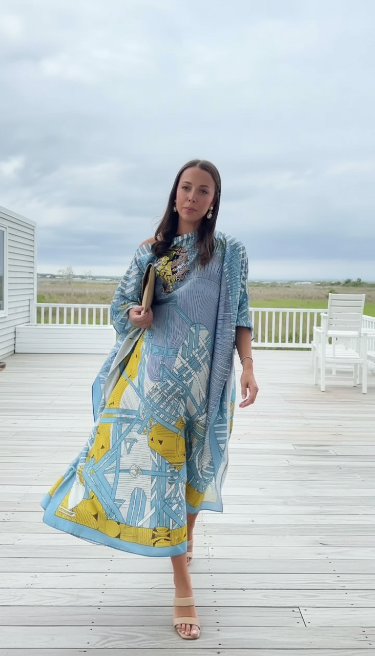 Blue Abstract Print Silk Asymmetric Neckline Kaftan Dress product image 2