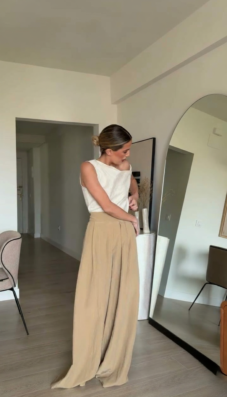 Beige Pleated Wide-Leg Pleats Pant Set product image 2