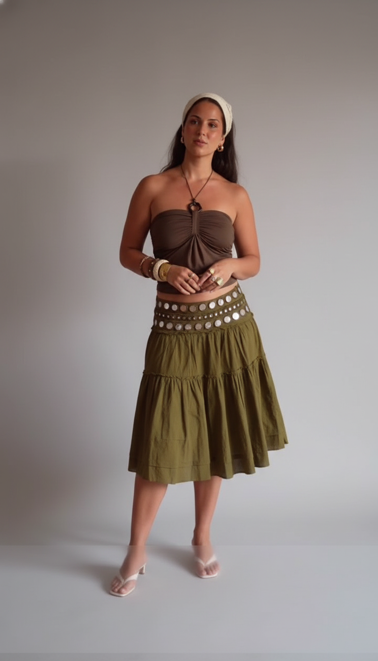 Olive Tiered Tiered Design Eyelet Belt Skirt Set product image 2