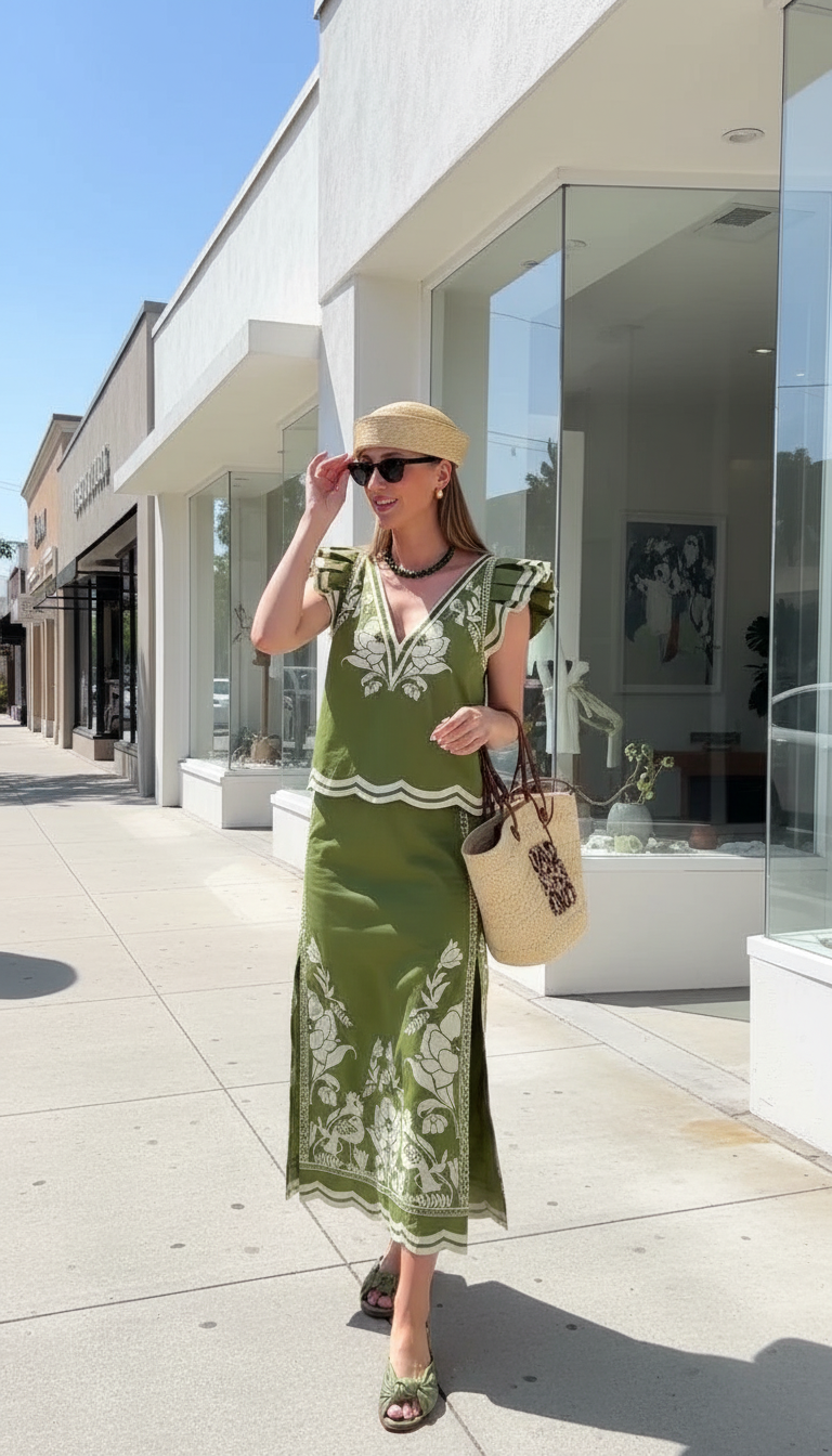 Green Floral V-Neck Ruffle Skirt Set product image 2