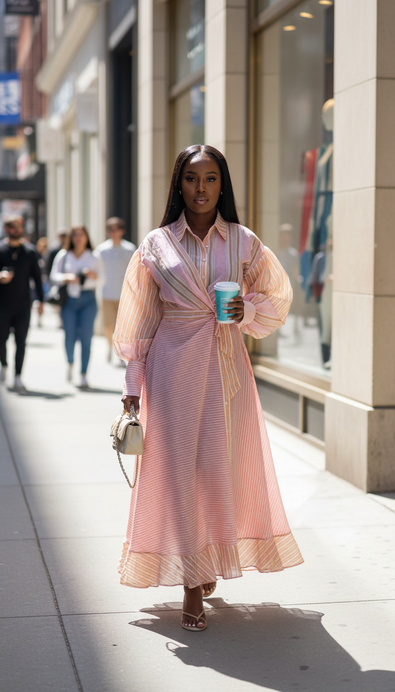 Pink Striped Tie Waist Button Front Midi Dress product image 2