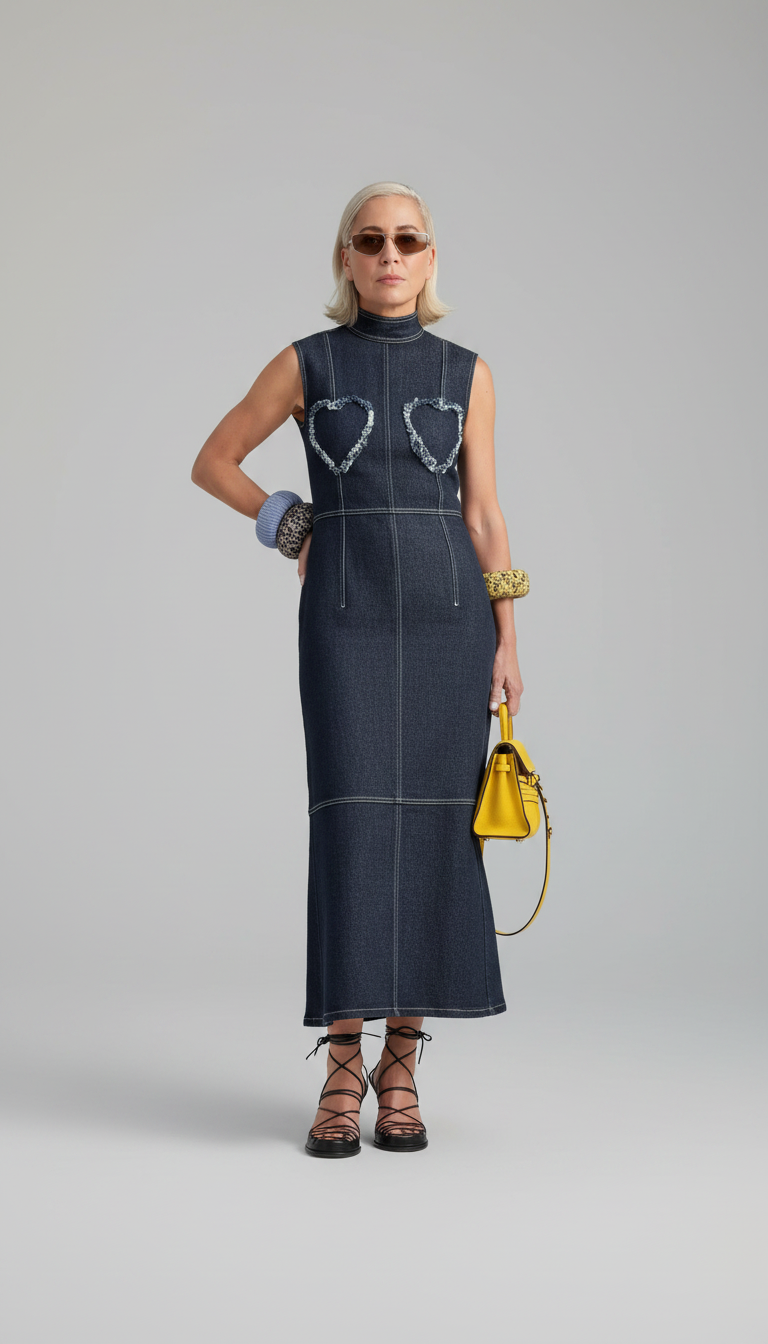 Dark Blue Contrast Stitching Heart Motifs Maxi Dress product image 2
