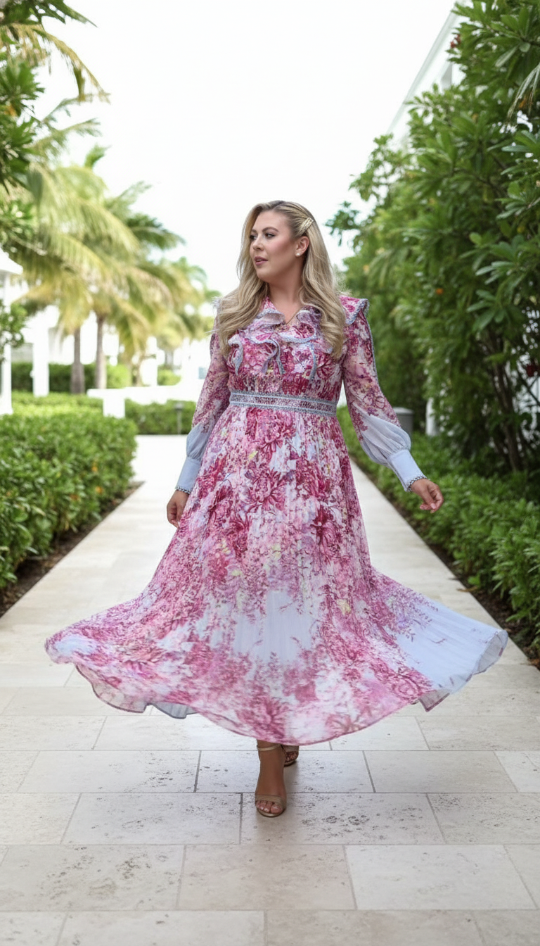 Pink Floral Ruffle Pleated Maxi Dress product image 2