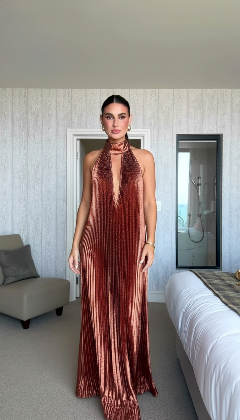 Copper Halter Pleated Satin Maxi Dress product image 2