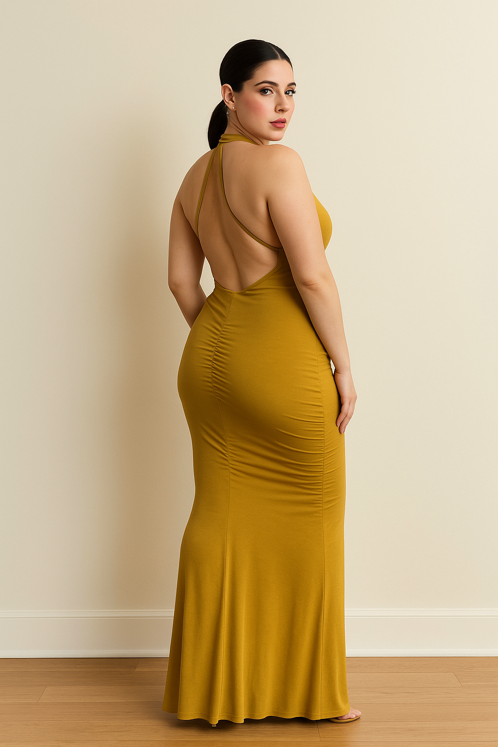 Mustard Backless Open-Back Halter Maxi Dress product image 2