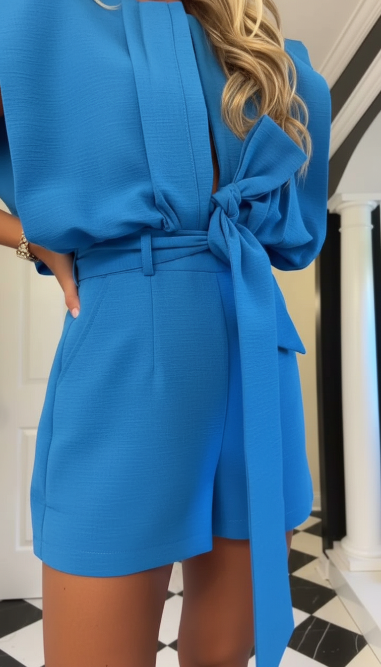 Blue Belted Belted Waist Shoulder Pads Romper product image 2