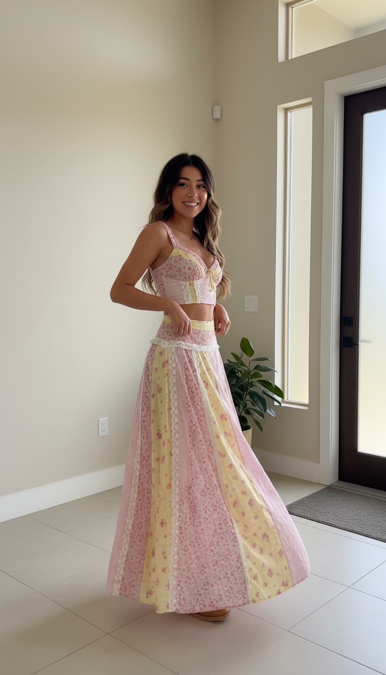 Pink Floral V-Neck Lace Skirt Set product image 2