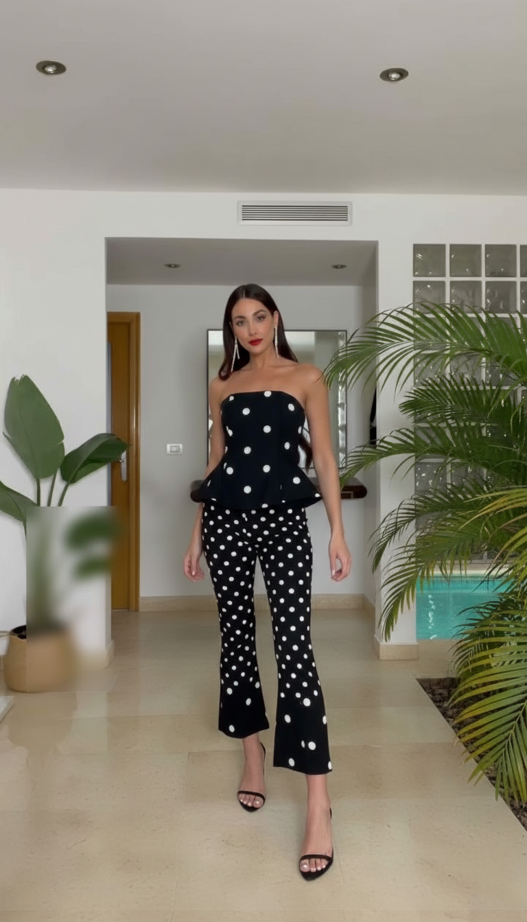 Black Polka Dot Print Cropped Peplum Top Pant Set product image 2